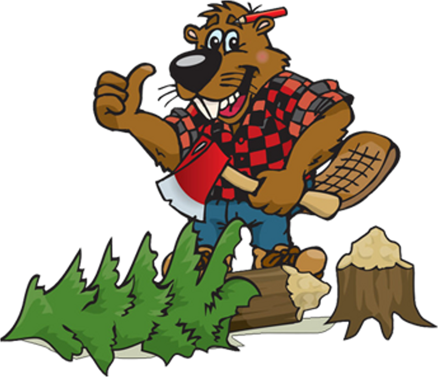 Above and Beyond Tree and Stump Removal logo, a lumberjack beaver with an axe beside a cut stump